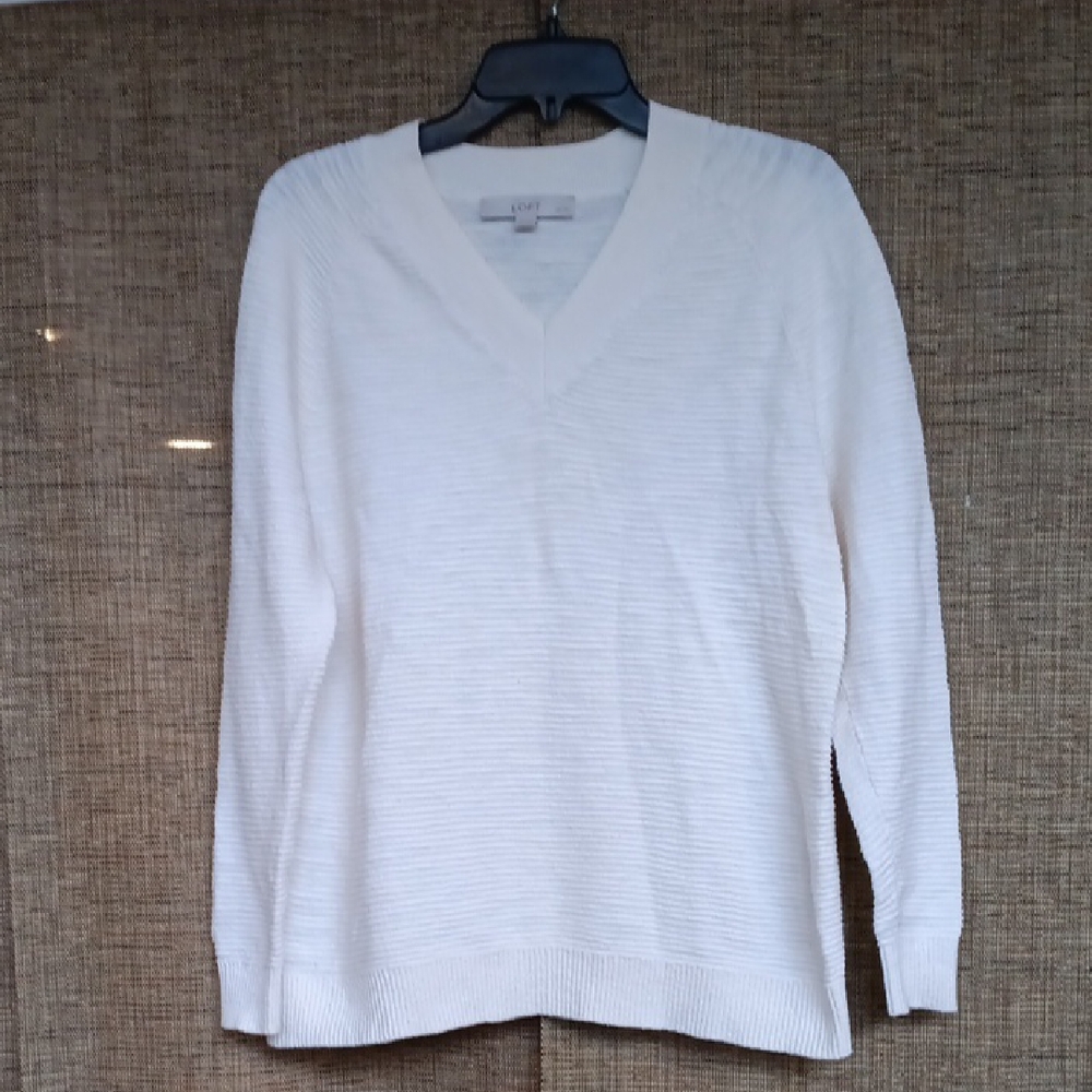 LOFT White V-Neck Cotton Blend Sweater